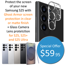 Load image into Gallery viewer, Protect your Samsung S25 with Ghost Armor screen protection and camera lens protection